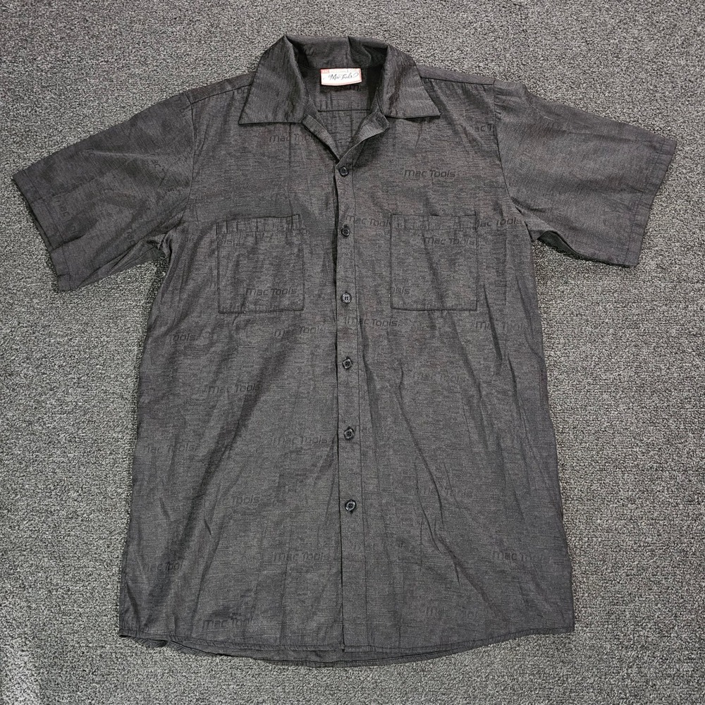 Mac Tools Button Up Shirt Men Medium Gray Logo Print Rayon Short Sleeve Workwear